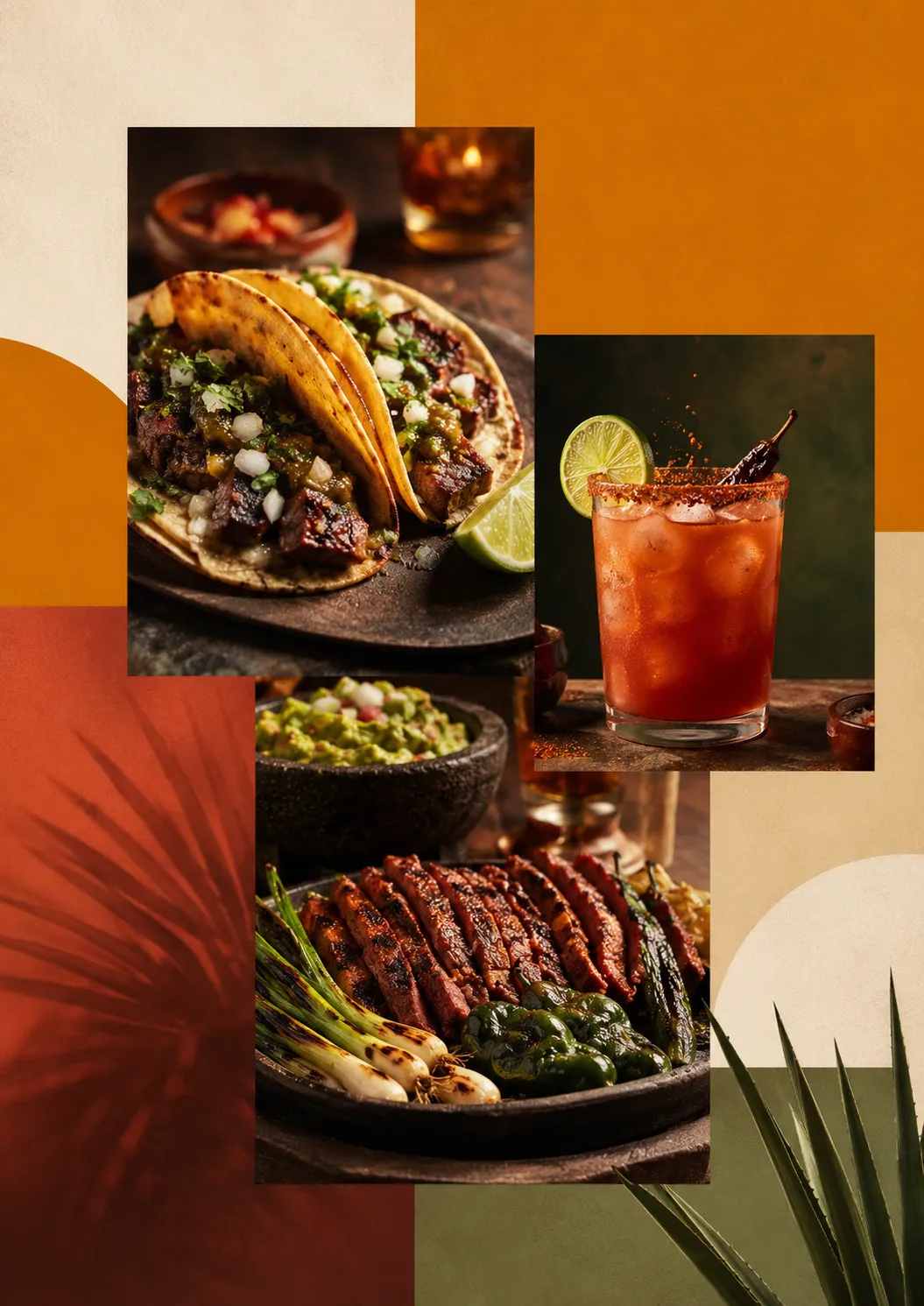 Street tacos, a michelada, guacamole and grilled steak