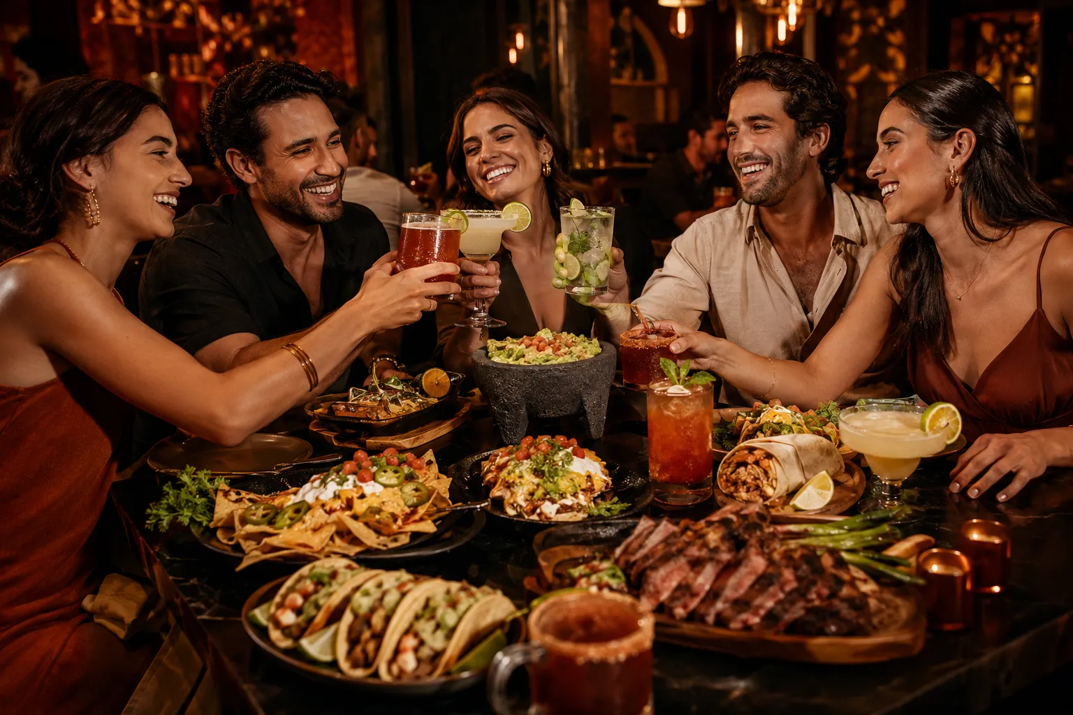 Friends sharing plates and drinks at a full table