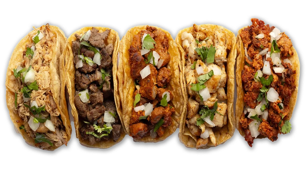 A line of street tacos